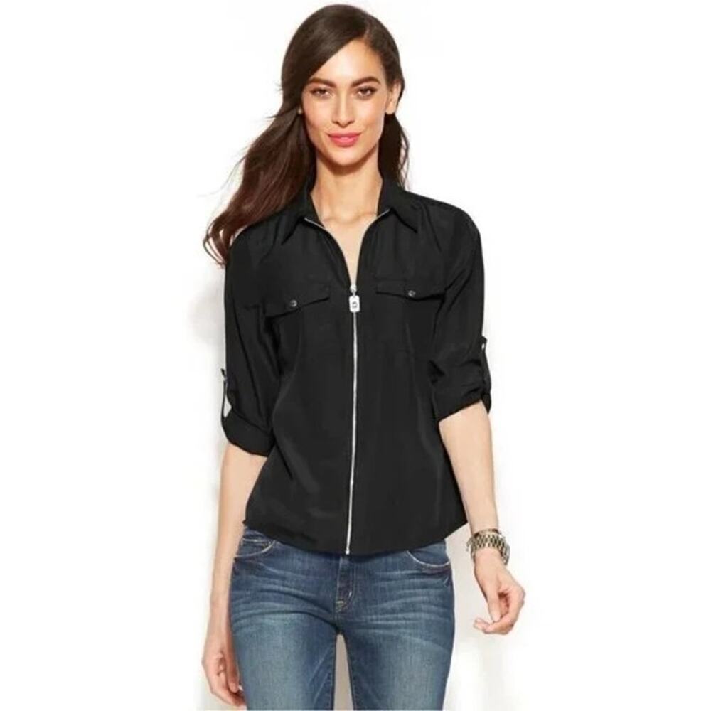 MICHAEL KORS Top Womens 2 Black Full Zip Silver Hardware Roll-tab Sleeve Utility